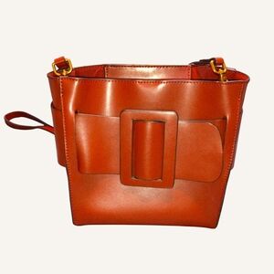 Brown Leather Shoulder Bag With Front Buckle And Brass Hardware